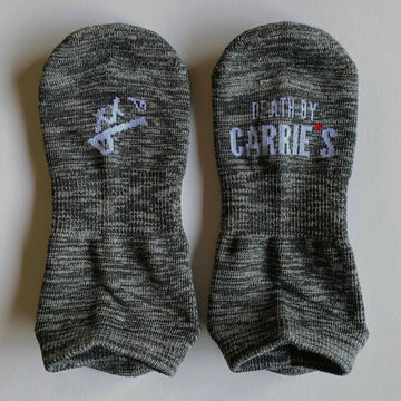 Men’s charcoal grey grip socks with Death By Carrie’s logo