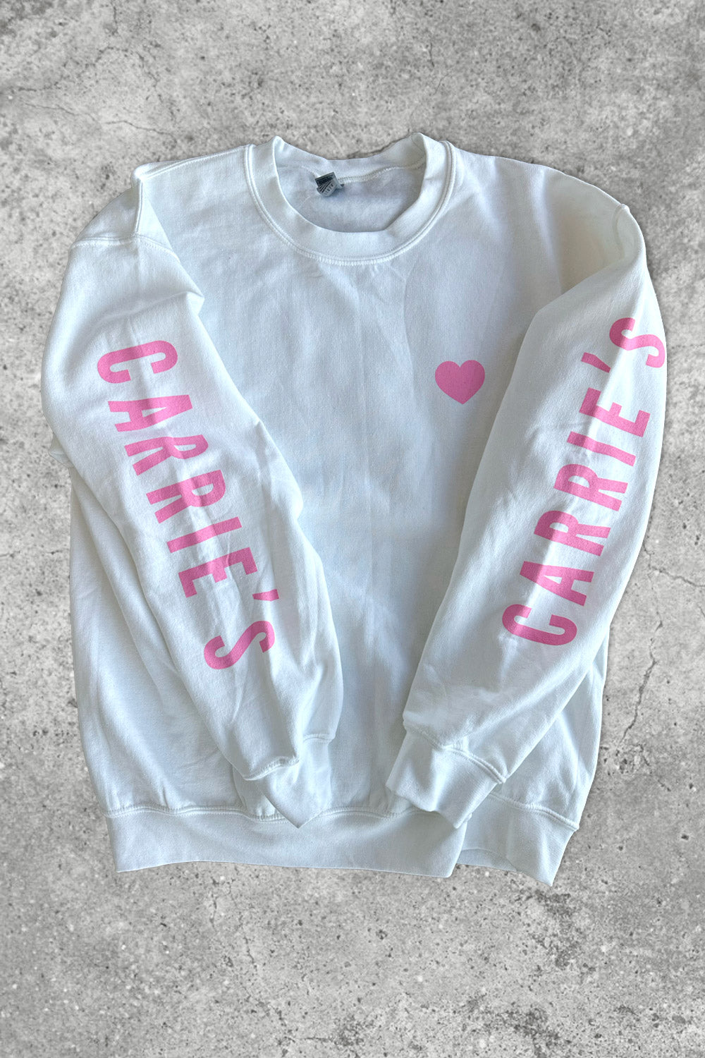 Carrie’s Heart Crewneck - White with Pink Text