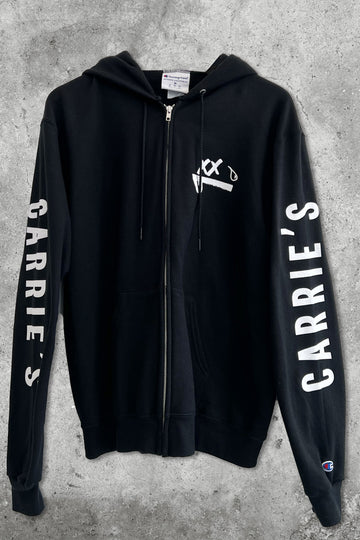 CARRIEʻS SMILEY CHAMPION ZIP UP HOODIE - BLACK