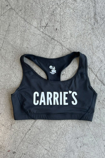 CARRIEʻS SPORTS BRA - BLACK WITH WHITE LETTERS