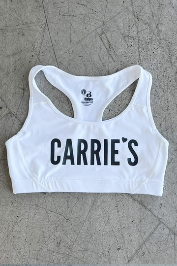 CARRIEʻS SPORTS BRA - WHITE WITH BLACK LETTERS